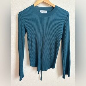 Modern Citizen Ribbed Knit Top Size L Teal Tie Back Long Sleeve Minimalist